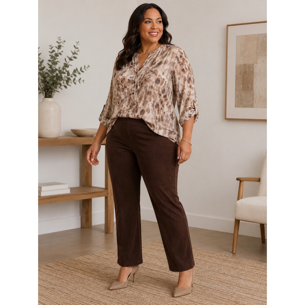 NWT Talbots Faux Suede Straight Leg Pants Brown Pull On Stretch Trousers Size 16